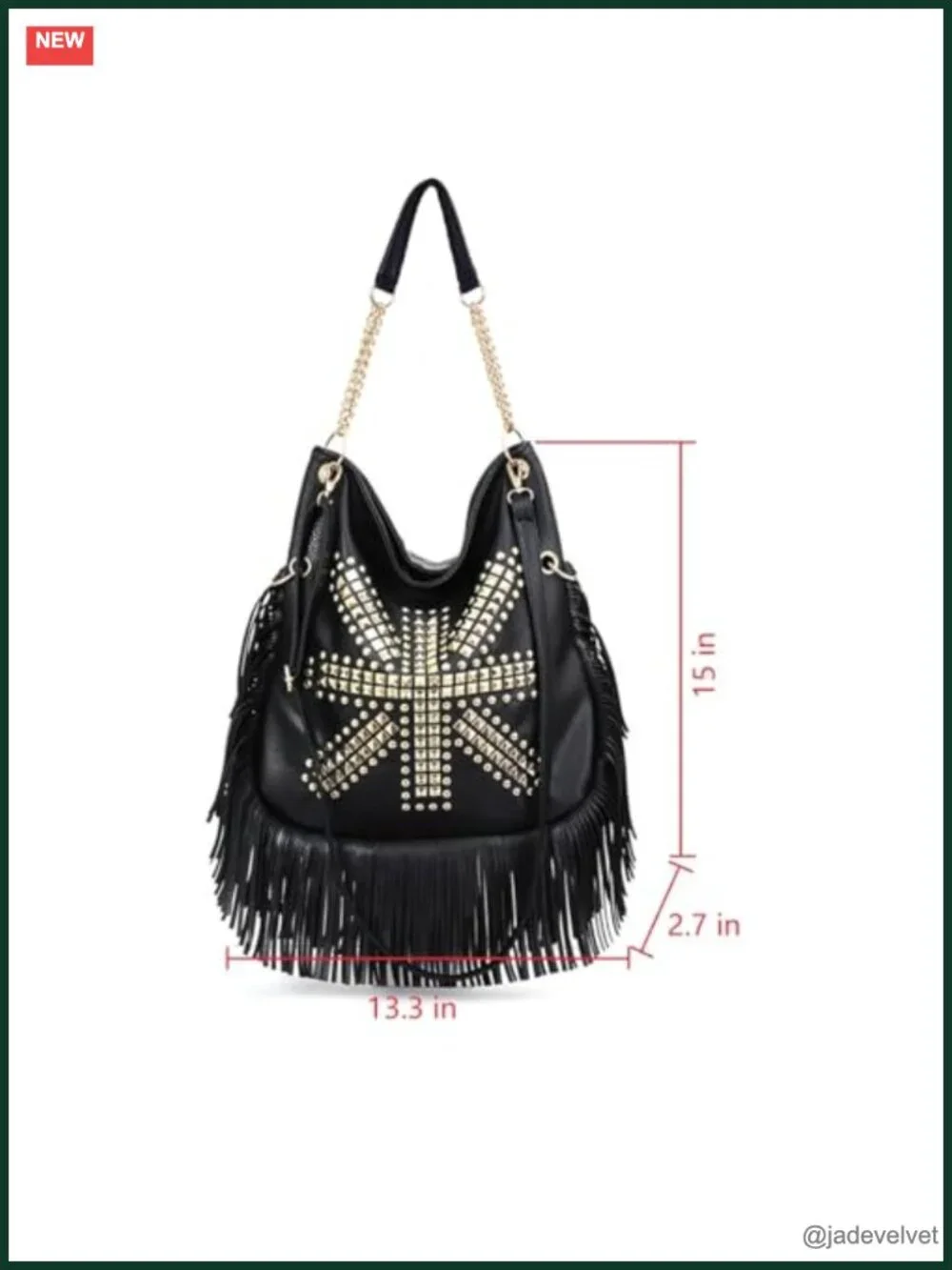 Large Faux Leather Fringe Hobo Bag with Studded Rivets